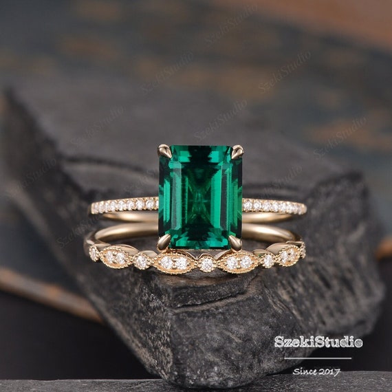 1.2 Carat Emerald Engagement Ring Set Diamond Matching Band Rose Gold  Vintage Flower Stacking 14K/18K