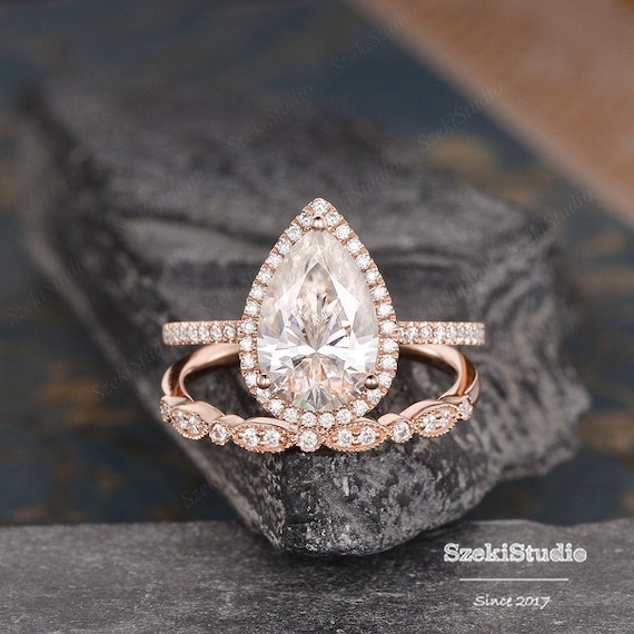Rose gold pear cheap shaped wedding set
