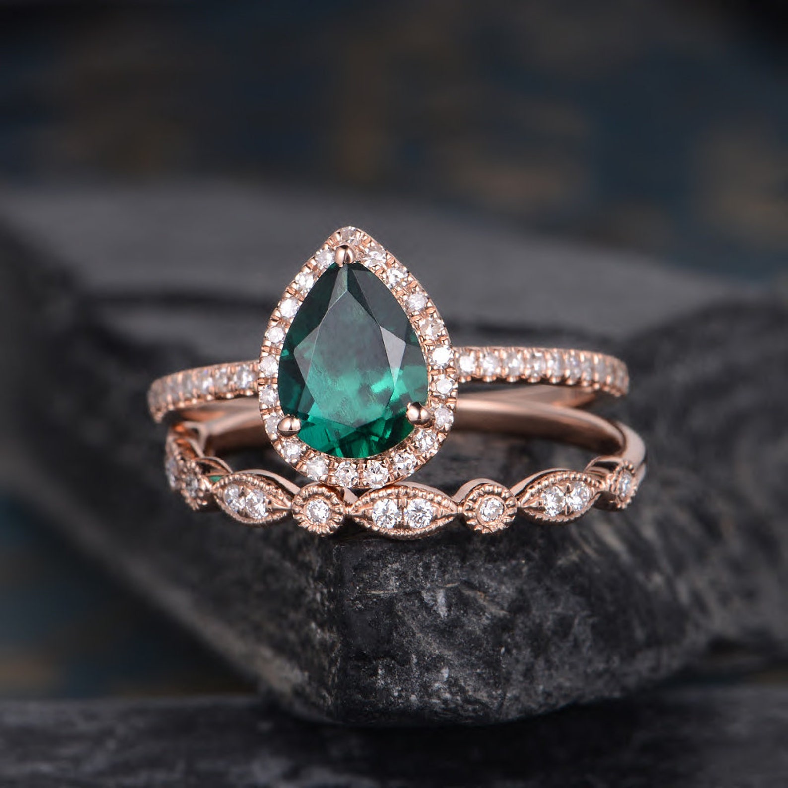 Lab Emerald Engagement Ring Set Bridal Sets Pear Shaped Rose | Etsy