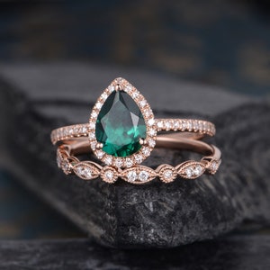 Lab Emerald Engagement Ring Set Bridal Sets Pear Shaped Rose - Etsy