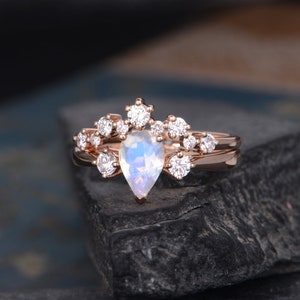 Moonstone Engagement Ring Rose Gold Cluster Diamond Band Pear Shaped ...