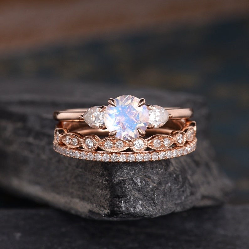 Moonstone Engagement Ring Rose Gold Bridal Set Three Stone - Etsy