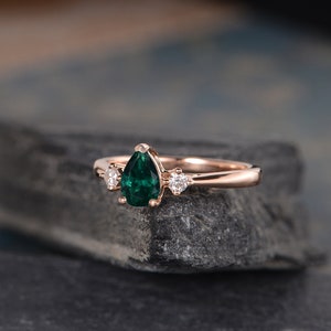 Three Stone Lab Emerald Engagement Ring Pear Shaped Rose Gold - Etsy