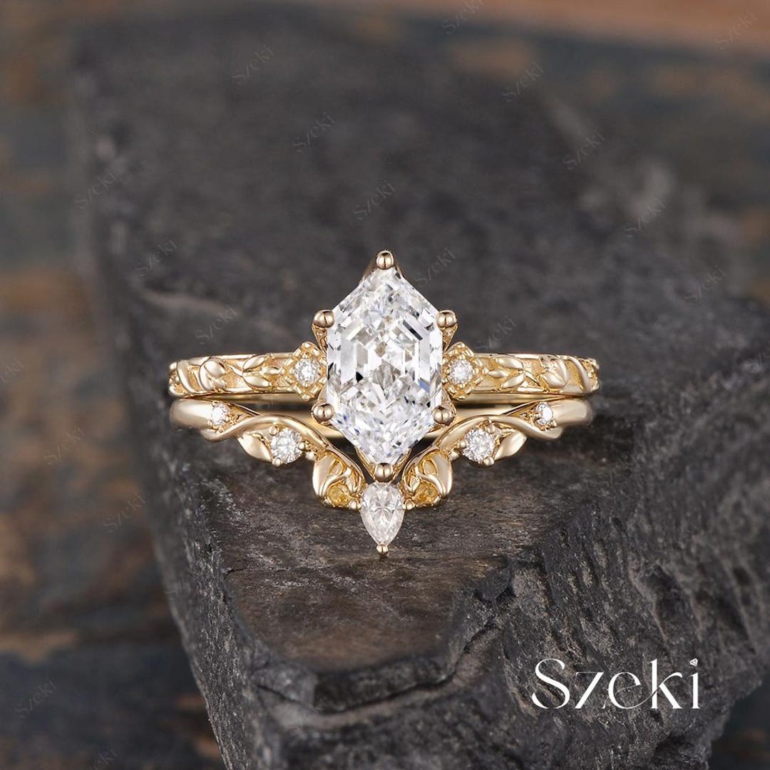 Dutch Marquise Cut Lab Diamond Engagement Ring Set Yellow Gold Vintage ...