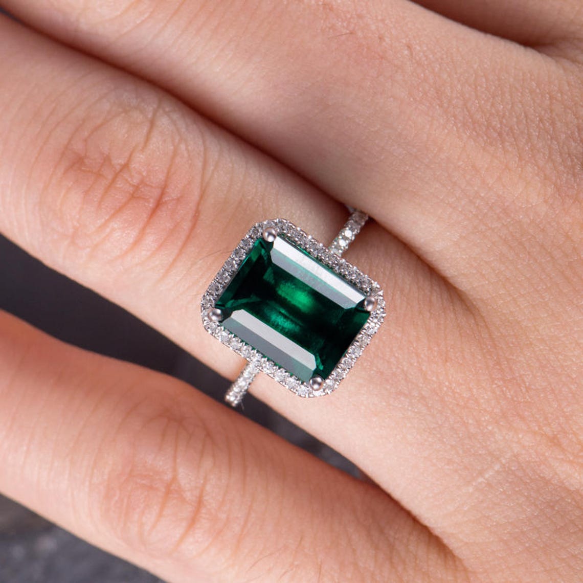 Lab Emerald Engagement Ring White Gold Emerald Cut Halo Etsy