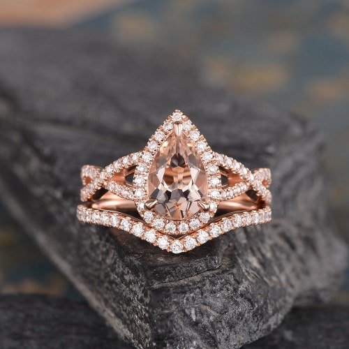 Peach Morganite Engagement Ring Set Half Eternity Diamond - Etsy