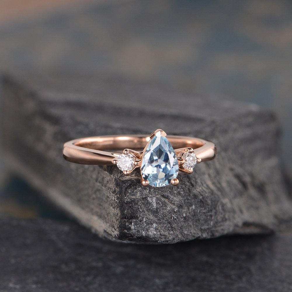 Three Stone Aquamarine Engagement Ring Pear Shaped Rose Gold 3 | Etsy