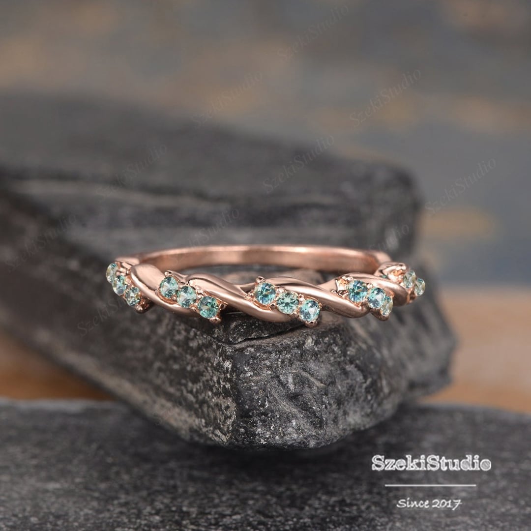 Teal Sapphire Wedding Band Natural Wedding Ring Shared Prong Ring Rose