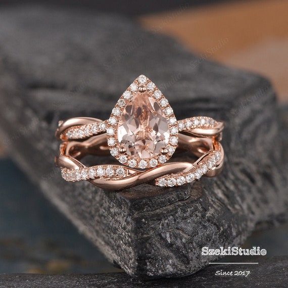 Infinity Morganite Engagement Ring Set Rose Gold Bridal Set