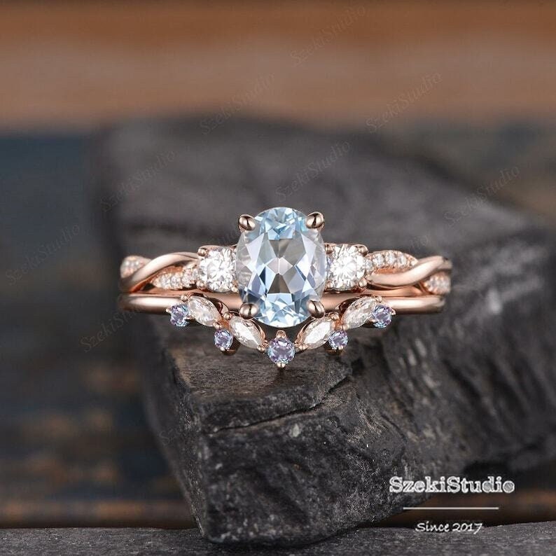 Oval Aquamarine Engagement Ring Set Rose Gold Bridal Set Pear
