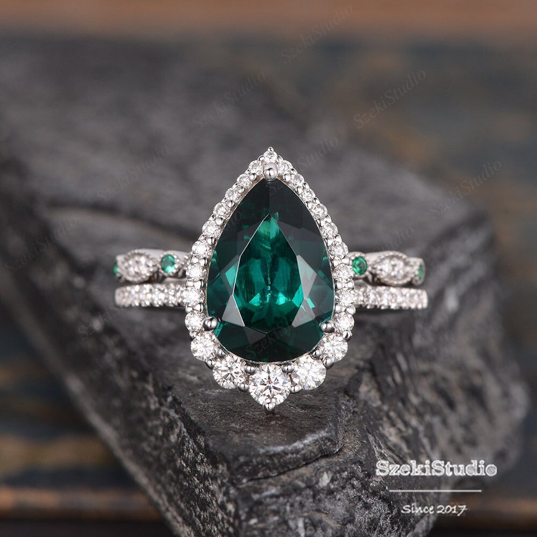 3ct Pear Shaped Lab Emerald Engagement Ring Set Pear Shaped - Etsy