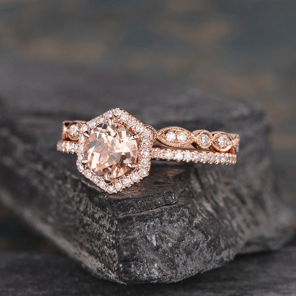 2pcs Rose Gold Engagement Ring Hexagon Cut Morganite - Etsy