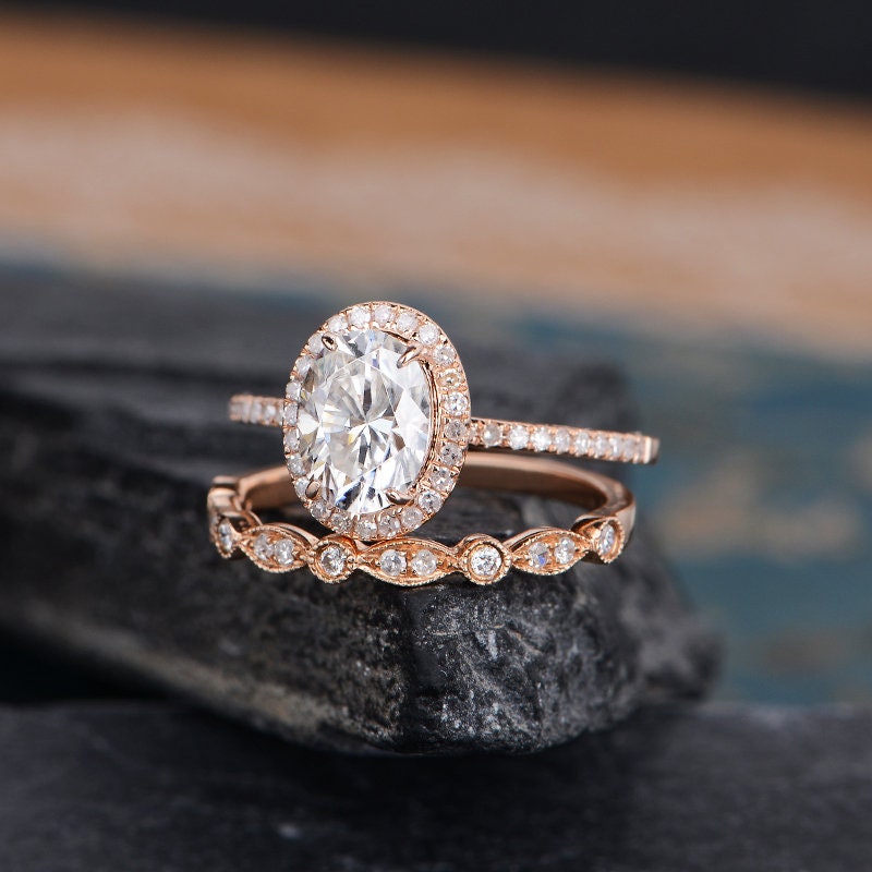 Art Deco Oval Cut Moissanite Engagement Ring Bridal Set Rose | Etsy