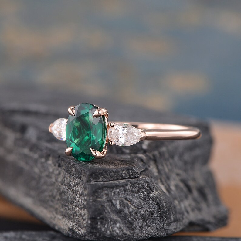 Oval Cut Lab Emerald Engagement Ring Rose Gold Pear Shaped - Etsy