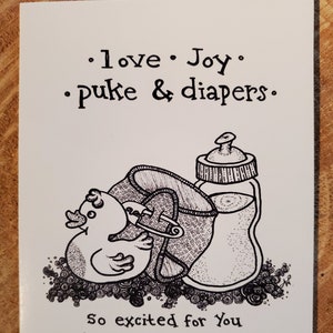 Felicidades Tarjeta / Original Pluma & Tinta Dibujo - Amor, Alegría, Vómito, Pañales