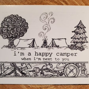 Denken aan je kaart | Originele Pen & Inkttekening - Happy Camper