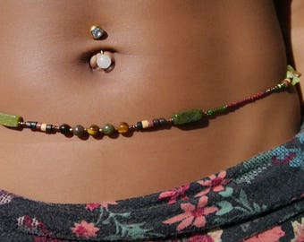 Gaia ~》Waist Beads | Serpentine, New Jade & Tiger Eye Gemstones| Stainless Steel Clasp | Crystal Waist beads | Body Jewelry | Gemstones