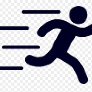 May include: A black silhouette of a person running with three black lines behind them, representing speed.