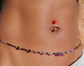 Purple After Dark  ~》Waist Beads | Amethyst gemstone | Stainless Steel Clasp | Crystal Waist beads | Belly Chain | HANDMADE TO ORDER