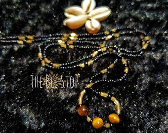 Elegancia Negra ~》Cuentas para la Cintura / Piedra Preciosa de Ojo de Tigre / Cierre de Acero Inoxidable / Cuentas de Cristal para la Cintura / Joyería Corporal / Cinturilla / HECHO A MANO A PEDIDO