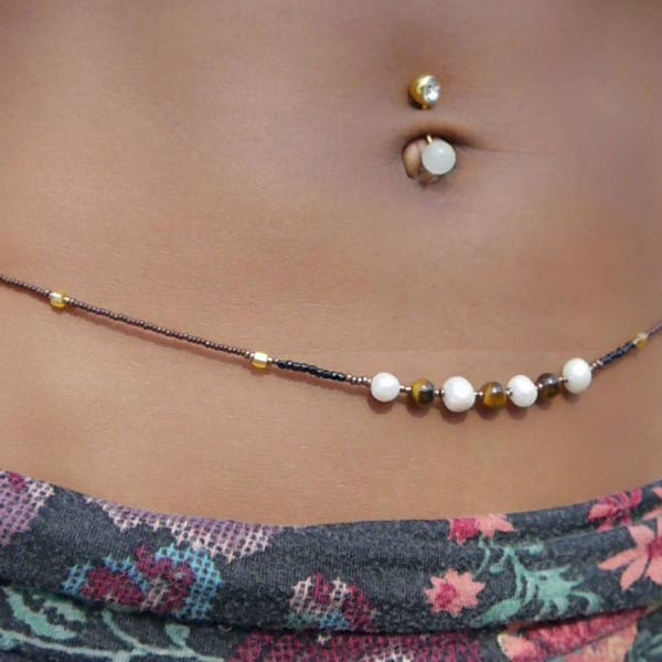 Caramel Mocha ~》Waist Beads | Tiger Eye & Fresh Water Pearls | Stainless Steel Clasp | Belly Beads | Belly Chain | Body Jewelry | Waistlet