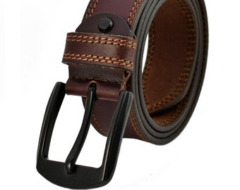 Mens Genuine Leather Belt Belts Double Stitched Real Strap High Quality Brass Buckle (Enclosed in Gift Box) # 100% Leather# 1st CLASS P&P