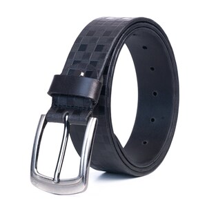 May include: A black leather belt with a checkered pattern and a silver buckle.