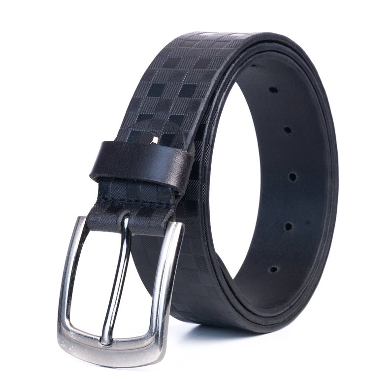 May include: A black leather belt with a checkered pattern and a silver buckle.