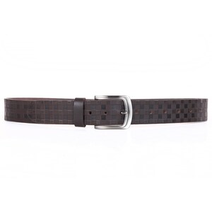 May include: A brown leather belt with a silver buckle. The belt has a checkered pattern.