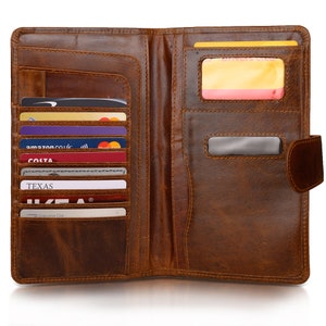 Cartera vertical con bolsillo frontal plegable de cuero genuino para tarjetas de identificación o crédito. 100 % cuero. Envío de primera clase.