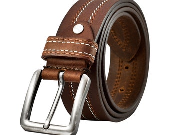 knee length dresses for ladies Douglas Men's Leather Dress Belt with Double Keepers 32 / Cognac