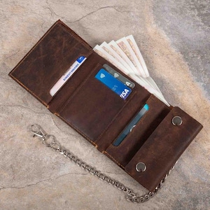 Portefeuille motard en cuir pour homme de qualité supérieure avec chaîne de sécurité et sécurisé par un bouton-pression 100 % cuir véritable