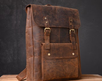 Mens Leather Backpack Genuine Leather Travel Back pack Brown Rucksack Gift for Him Leather Bag for Men