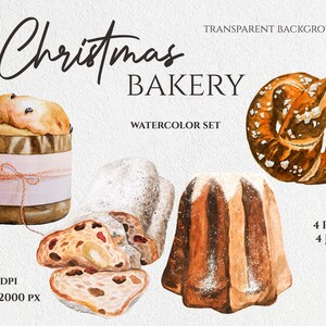 Acquerello Dipinto a mano Illustrazione Pretzel Pandoro Pannetone Stollen Clipart Download istantaneo Home Bakery PNG Biglietto di auguri di Natale fai da te