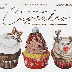 Aquarelle Noël Cupcakes Clipart Nourriture illustration PNG Fond Transparent BRICOLAGE Utilisation commerciale Renne Flocon de neige cookie Chocolat