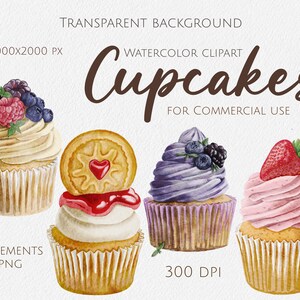 Watercolor clipart Cupcakes clipart Dessert clipart Transparent background Png Scrapbook elements Watercolor illustration Digital clipart
