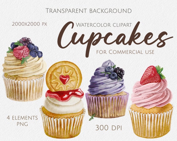 Watercolor clipart Cupcakes clipart Dessert clipart Transparent background Png Scrapbook elements Watercolor illustration Digital clipart
