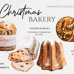 Utilisation commerciale Aquarelle Clipart Téléchargement numérique Bretzel Pannetone Stollen Téléchargement instantané PNG Noël Fond transparent