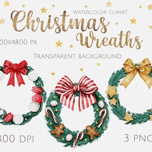 Clipart aquarelle Couronne de Noël Fond transparent Scrapbook Png Noël clipart Téléchargement numérique DIY Image fichiers Bonbons clipart
