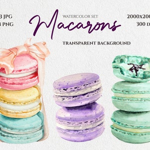 Clipart aquarelle Macarons Français Dessert Macaron Illustration peinte à la main Scrapbooking Carte de voeux Clipart Cookie Anniversaire Art imprimé
