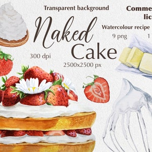 Aquarel Clipart Geïllustreerd Recept Aardbei Naked Cake Kookboek Bakkerij PNG Digitale Download DIY Keuken Bakken Koken