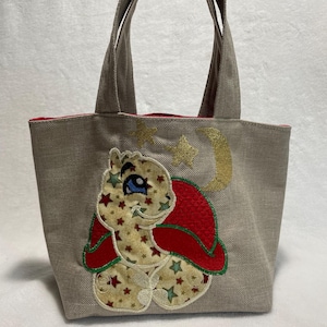 Mini sac à main  enfant // Sac cabas  enfant // Petit panier personnalisé Tortue // Sac doudou en tissu coton lin beige
