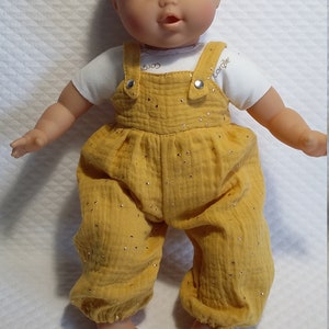 Baggy overalls with straps for baby doll or doll in double gauze cotton fabric with golden polka dots // Doll clothing