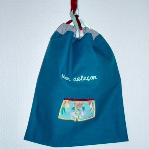 Sac pochon sous vêtement// Housse vêtement//Sac organisateur//Sac de rangement//Sac à linge//Pochon voyage //Applique Caleçon " Mon caleçon"