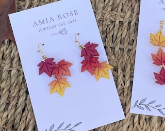 Maple Leaf Fall Dangle Earrings - Ombre Autumn Leaf Jewelry, Boho Fall Earrings for Women, Fall thanksgiving earrings Handmade Accessories