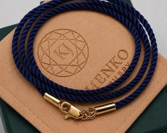 Luxury Blue Silk Pendant Cord with 14K Solid Gold Clasp | Handmade 2mm Twisted Silk Necklace Cord | Real Gold Jewelry