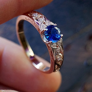 14k,18k solid gold sapphire ring with tiny diamonds, Elven gold ring with blue sapphire, Hand engraved gold sapphire ring