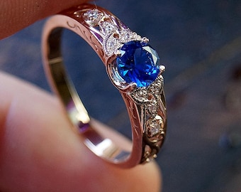Hand Engraved 14k Gold Sapphire Ring with Tiny Diamonds