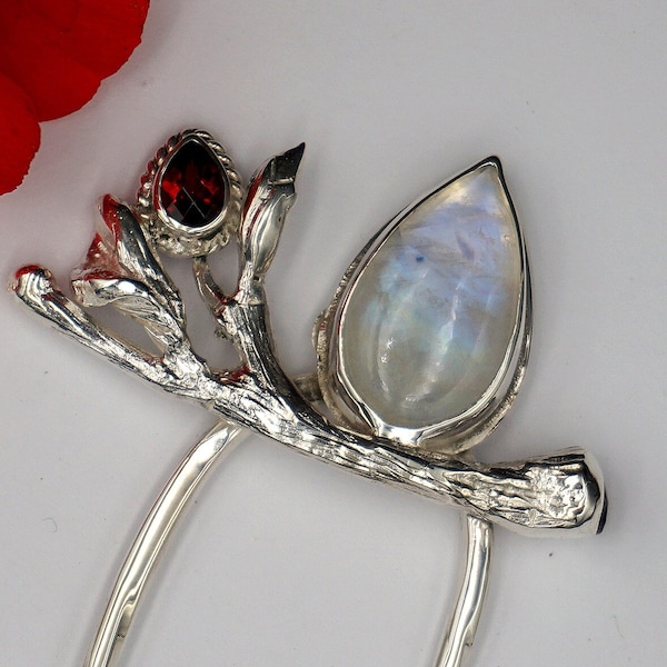 silver hair fork with blue moonstone and garnet 5 inches long sterling silver 925 hair stick,hair pin