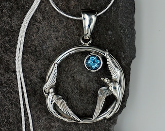 Blue Topaz Sterling Silver Swallow Pendant Necklace